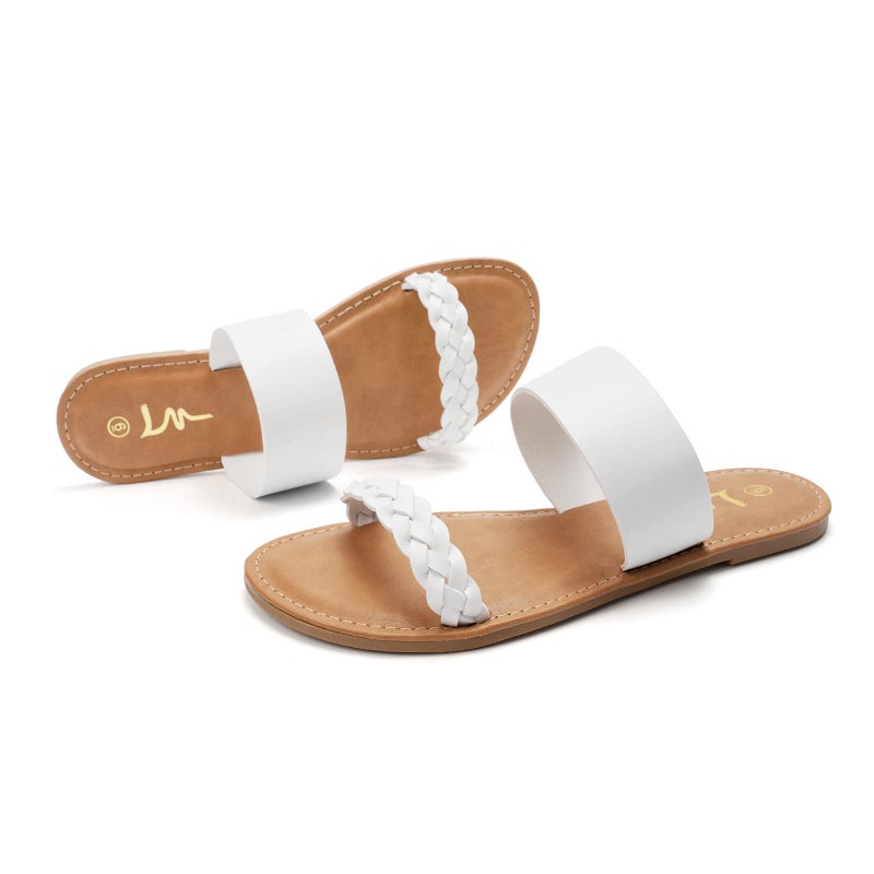 LM Women's Braided Slide Sandals Open Toe Two Strap Slip On Flat Sandals Casual Summer Shoes (9, White) - Image 5
